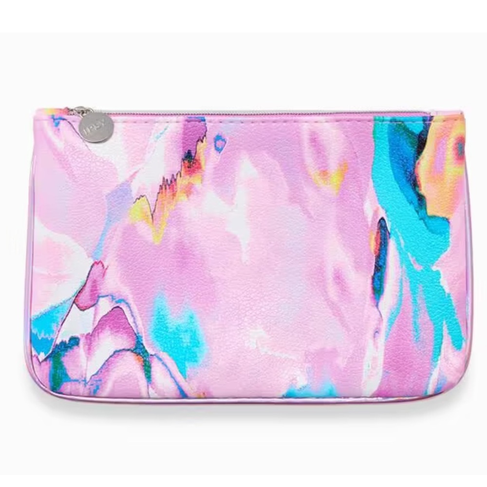 Ipsy pink and turquoise marbled makeup bag iridescent trim silver zipper pull